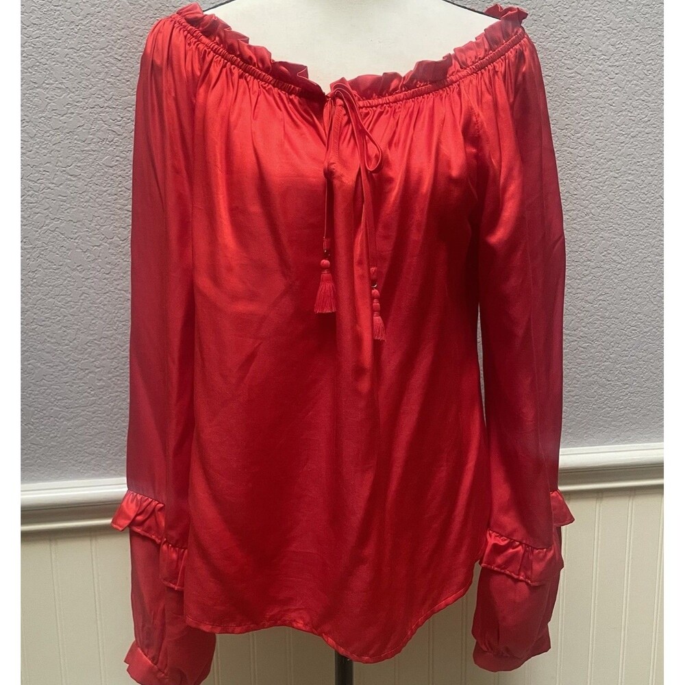 Hale Bob Red Silk Blend Off the Shoulder Peasant Blouse Boho Coquette Romantic M
